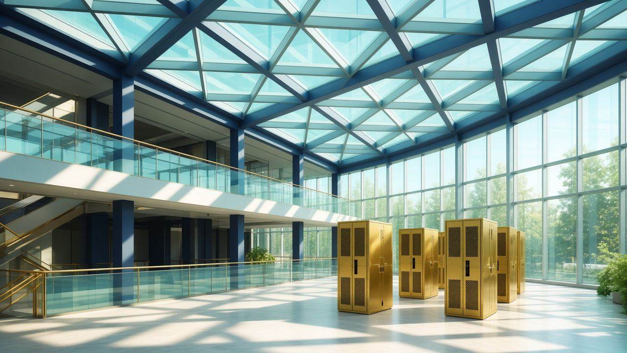 Sunlit glass atrium in light teal and soft navy with gold server cabinets, no people