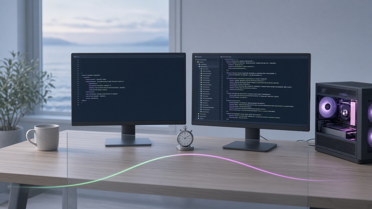 Soft blue-grey twilight desk with code monitors, abstract tech scene