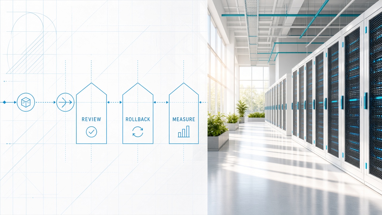 Sunlit white server hall with a blueprint overlay showing a delivery pipeline through Review, Rollback and Measure gates