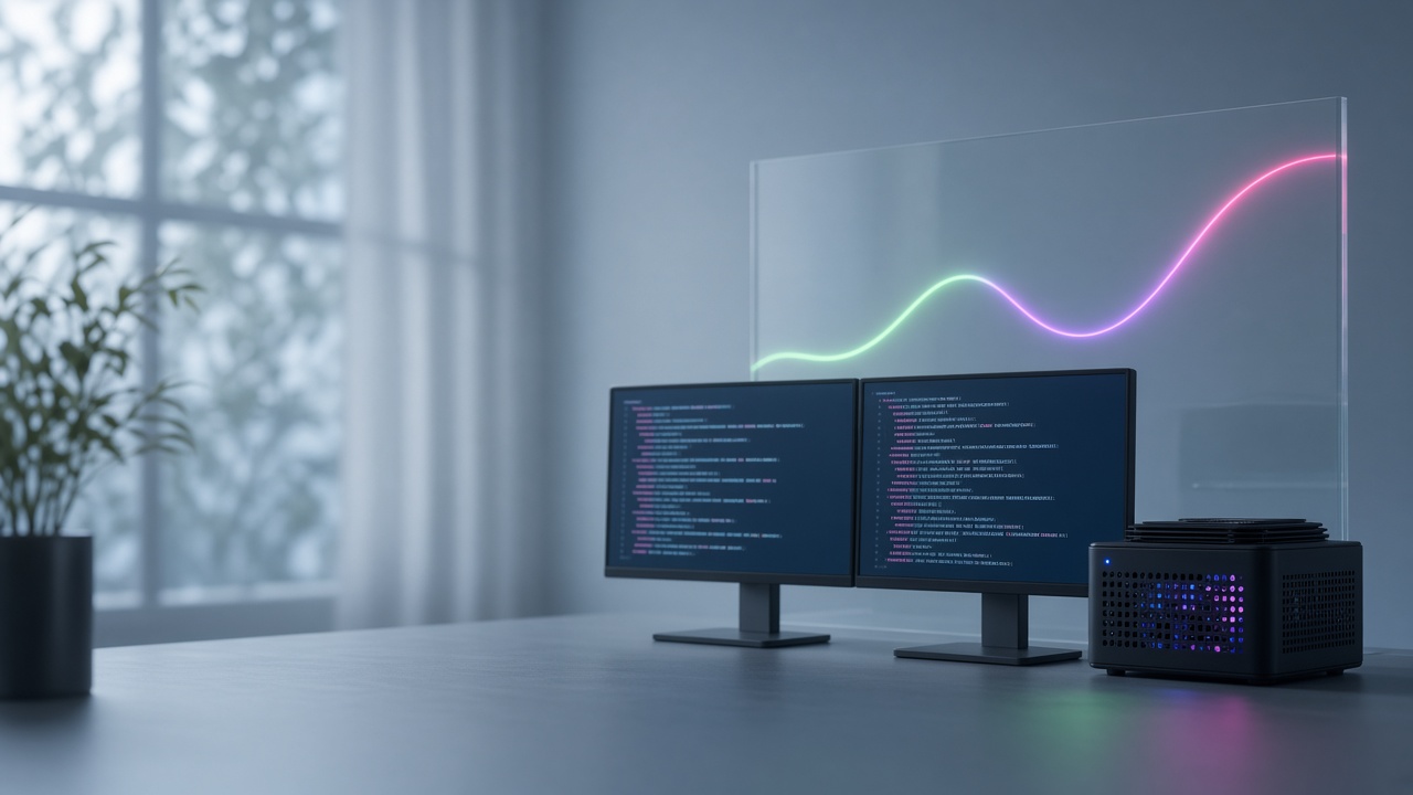 Twilight blue-grey desk with code monitors, a GPU rig and a green-to-magenta curve on glass, no people